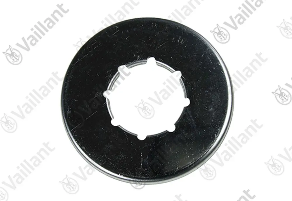 Runde Metallrosette von Vaillant mit zentralem Loch und fünf Befestigungsnocken, geeignet für den Austausch in bestimmten Installationseinheiten.